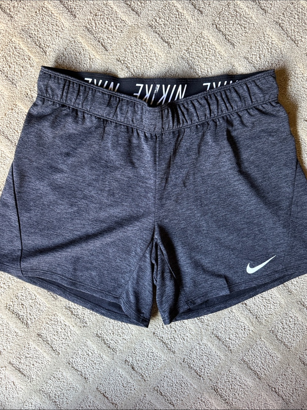 Nike Women's Heather Charcoal Athletic Shorts with White Swoosh